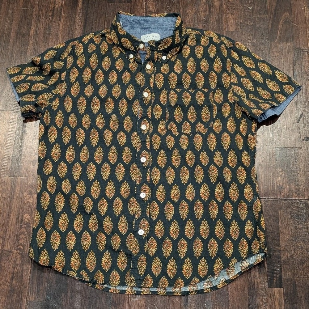 JACHS New York Shirt Mens Small Green Short Sleeve Button Up Paisley 100% Cotton